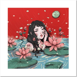 LOTUS GIRL WOMAN ILLUSTRATION POND ART moon Posters and Art